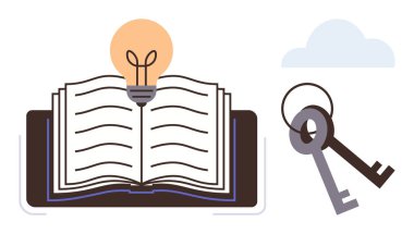 Yenilik ve öğrenmenin üzerinde ampul bulunan açık bir kitap, bir bulutun yanında erişimi ve çözümleri sembolize eden anahtarlarla eşleştirilmiştir. Eğitim için ideal, ilham, yaratıcılık, problem çözme