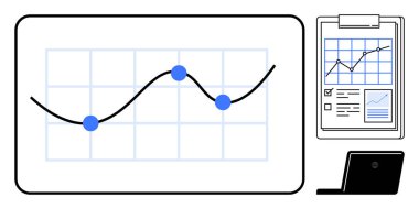 Şebekede noktalı çizgi grafiği, raporlu pano, dizüstü bilgisayar. İş stratejisi, büyüme takibi, analitik, finansal planlama, veri görselleştirme pazar trendleri araştırmaları için idealdir. Basit düz
