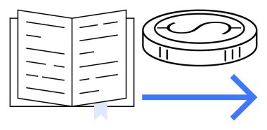 Kitap ayracı, dolar işaretli yuvarlak para, onları birbirine bağlayan mavi ok. Eğitim, bilgi, yatırım, finansal okur yazarlık, büyüme, kariyer başarısı için idealdir. Basit düz metafor