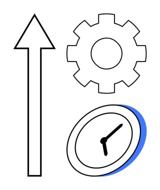 Ok, dişli ve saat öğeleri ilerlemeyi, verimliliği ve zaman yönetimini sembolize eder. Üretkenlik, iş akışı, kalkınma başarısı iş büyüme zamanı optimizasyonu için idealdir. Basit düz metafor