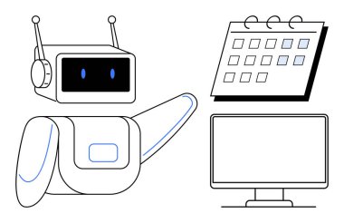Robot dijital takvim ve monitörle etkileşime giriyor, otomasyon, organizasyon ve görev yönetimini sembolize ediyor. Teknoloji, iş akışı, programlama, yapay zeka, verimlilik planlaması için ideal