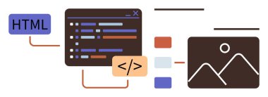HTML kod düzenleyici, UI tasarım elemanları ve kusursuz bir iş akışına bağlanan grafik resimleri. Web geliştirme, kodlama, teknoloji, programlama, tasarım yaratıcılık eğitimi için idealdir. Basit düz