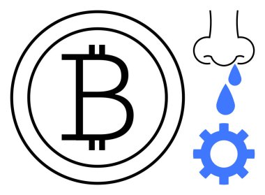 Bitcoin para ve damlayan burun mavi dişli ile birleşir. Finans, teknoloji, yenilik, sağlık, kripto para birimi, dijital dönüşüm, problem çözme için idealdir. Basit bir düz metafor.