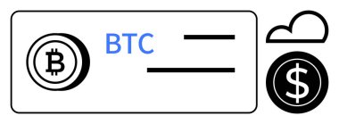Üzerinde BTC etiketi, bulut simgesi ve dolar parası olan bitcoin. Kripto para birimi, finans, engelleme zinciri, dijital cüzdanlar, online ödeme yatırım fintech için ideal. Minimalist düz metafor