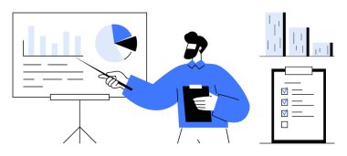 Sunucu gemide grafikleri pasta grafiği ve bar grafiği ile açıklıyor, panoyu kontrol listesi ve şehir manzarasının yanında tutuyor. İş, eğitim, strateji, analiz, planlama, takım çalışması için ideal