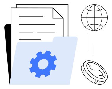 Kağıtlar yığını, vites simgesi, dünya ve madeni para içeren açık klasör küresel işbirliği, mali yönetim ve iş akışı optimizasyonunu vurguluyor. İş, finans, teknoloji iletişimi için ideal