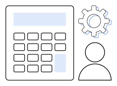 Finansal yönetimi, stratejik planlamayı, otomasyonu, problem çözmeyi, üretkenliği, dijital araçları ve takım çalışmasını temsil eden hesap makinesi, vites ve soyut kullanıcı simgesi. Basit düz metafor için ideal
