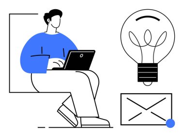 Dizüstü bilgisayarla çalışan kişi, fikirleri temsil eden büyük ampul, iletişim için zarf. İlham, uzak çalışma, teknoloji, yenilik, beyin fırtınası, e-posta verimliliği için ideal