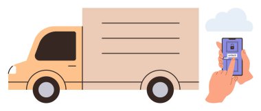 Nakliye kamyonu kilitlenmiş asma kilit arayüzü olan mobil bir uygulama tarafından emniyete alındı. Akıllı teknoloji bağlantısı gösteriyor. Lojistik, dağıtım, güvenlik, yenilik, dijital dönüşüm için ideal