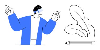 Sanal gerçeklik kulaklığı olan bir adam yaprak tasarımı ve kalemin yanında dururken el kol hareketi yapıyor. Teknoloji, yaratıcılık, yenilik, eğitim, tasarım, ilham, hayal gücü için idealdir. Basit düz