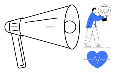 Megafon iletişimi ön plana çıkarır. Ampul tutan kişi yeniliği simgeler. Nabzı sağlığı çağrıştıran kalp. Yaratıcılık, takım çalışması, sağlık hizmetleri, sosyal kampanyalar, farkındalık için ideal