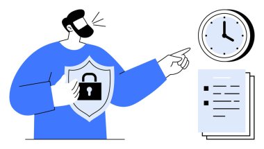 Güvenlik kalkanı amblemiyle zamana duyarlı belgeleri işaretleyen kişi. Veri koruması, siber güvenlik, zaman yönetimi, uyum, teslim tarihleri, mahremiyet, sorumluluk için ideal. Basit düz