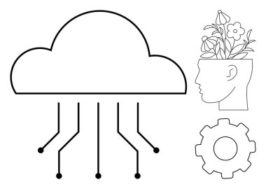 Birbirine bağlı çizgileri olan bulut, büyüyen insan kafası çiçekleri ve teçhizat. Teknoloji, yenilik, doğa, işbirliği, yaratıcılık büyüme sürdürülebilirliği için idealdir. Basit düz metafor