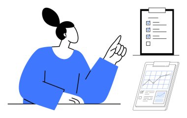 Kadın, verimliliği, analizi ve organizasyonu temsil eden not panolarındaki kontrol listesi ve çizelgesine doğru hareket ediyor. Planlama, proje yönetimi, eğitim, raporlama, takım çalışması için ideal