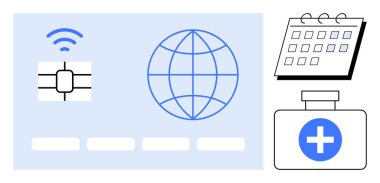 Üzerinde mikroçip ve sinyal olan sağlık kartı, bağlantı küresi, sağlık takvimi ve ilaç kutusu. Teletıp için ideal, çevrimiçi sağlık, randevu defteri, küresel erişim