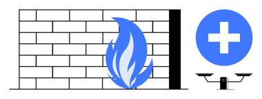 Mavi alevli, tıbbi haçlı ve ölçekli sembollü güvenlik duvarı. Siber güvenlik, istikrar, sağlık, koruma, denge ve güvenilirlik için ideal. Basit düz metafor