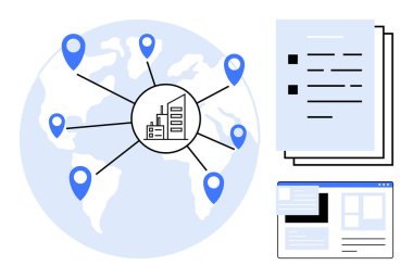 Bağlı konum pimleri, merkezi bina, belgeler, tarayıcı arayüzü olan dünya. Küresel işletme, ağ oluşturma, veri yönetimi, uzaktan çalışma, küreselleşme iletişim takım çalışması için ideal