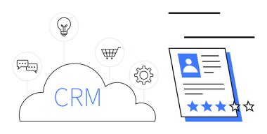 Bulut CRM mesajları, fikirleri, alışveriş arabasını ve vites simgelerini birbirine bağlar. Yıldız dereceli müşteri profili. İş, pazarlama, müşteri hizmetleri, satış stratejisi verimliliği için idealdir.