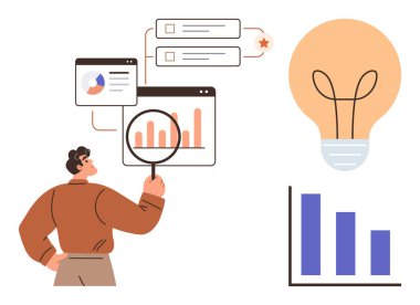 İnsan verileri büyüteç, grafikler ve analitik ekranlarla inceler, analiz, içgörü, yenilik, karar verme, araştırma, büyüme stratejisi ve basit bir dairede problem çözmeyi temsil eder.