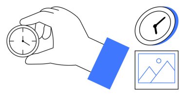 El sıkışan küçük saat, duvar saati, manzara çerçevesi dengeyi, zaman takibini, organizasyonu vurguluyor. Üretkenlik, verimlilik, zaman değeri, son teslim tarihleri iş akışı öncelikleri için ideal basitleştirme