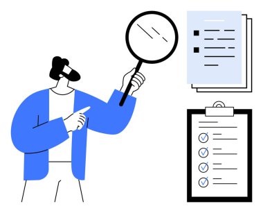 Elinde büyüteç tutan, evrakları inceleyen ve listeli bir pano tutan kişi. Kalite kontrol, proje planlaması, araştırma, analiz, üretkenlik, organizasyon ve karar verme için ideal. Temiz