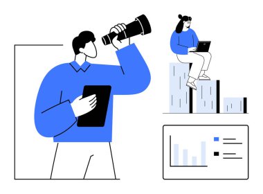 Yükselen çubuk grafiklerde teleskop ve dizüstü bilgisayar kullanan, veri içgörüsü ve büyümesini araştıran biri. Takım çalışması, strateji, analiz, ilerleme, iş dünyası, liderlik için ideal