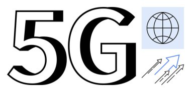 Küresel erişimi temsil eden 5G metni, hız ve ilerleme için yukarı doğru oklar. Teknoloji, yenilik, iletişim, dijital dönüşüm, küresel bağlantı, hız, ilerleme için ideal