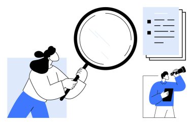 Kadın verileri büyüteçle inceliyor, erkek teleskopla ve yakınlardaki belgelerle izliyor. Analiz, keşif, araştırma, odaklanma ve ekip çalışması verimliliği için ideal. Çok basit.