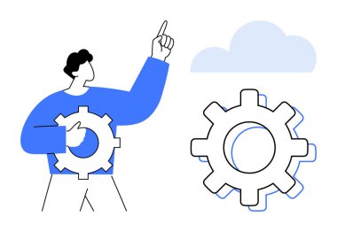 Teçhizatı tutan ve arka planda bir bulutla yukarıya bakan kişi. Takım çalışması, yenilik, gelişme, ilerleme, bulut teknolojisi, problem çözme, basit düz metafor