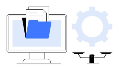 Açık klasörü, dökümanları, vitesi ve dengesi olan masaüstü ekranı. Organizasyon, iş akışı, verimlilik, denge veri yönetimi karar verme verimliliği için ideal. Basit düz metafor