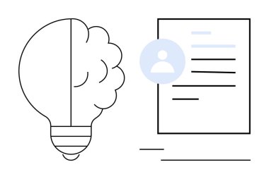 Profil ikonuna sahip bir belgenin yanında yenilikleri, fikirleri ve verileri sembolize eden beyin esinlenilmiş bir ampul. Eğitim, yaratıcılık, yeniden yapılanma, kullanıcı profilleri, yapay zeka analizi ve kişisel bilgiler için ideal