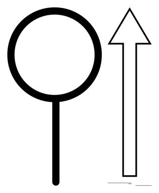 Büyüteç yukarı doğru ok atarak keşif, ilerleme ve başarıyı sembolize ediyor. Ticari büyüme, araştırma, yenilik, analiz, navigasyon geliştirme ve vizyon için idealdir. Basit düz