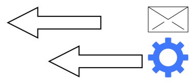 Bir zarf simgesi ve vites sembolüyle zıt yönlere bakan iki ok. İletişim, değişim, süreç, yapılandırma, e-posta, veri akışı, takım çalışması için ideal. Basit düz metafor