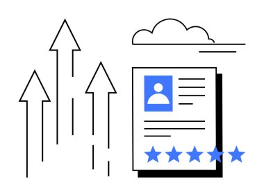 Beş yıldızlı kullanıcı profili, yükselen okların yanında başarı ve gelişimi simgeliyor. İş büyümesi, kariyer gelişimi, performans değerlendirmesi, insan kaynakları ve liderlik için ideal