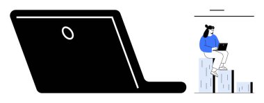 Kitapların üzerinde otururken dizüstü bilgisayarda yazan bir kadın, önplanda büyük bir dizüstü bilgisayar. Eğitim, teknoloji, uzaktan çalışma, eğitim, verimlilik, çevrimiçi öğrenim için ideal. Basit düz metafor