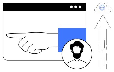 Tarayıcı arayüzü içinde el gösterimi, insanın profil resmi, dijital etkileşimi sembolize eden bulut yükleme oku. Teknoloji, yazılım, çevrimiçi profiller, veri paylaşımı, bulut hesaplaması, kullanıcı için ideal