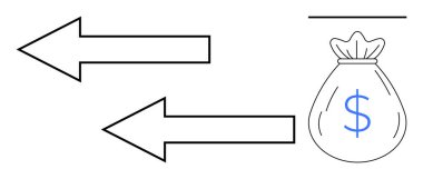 Para transferini ya da takası temsil eden bir dolar işareti olan çuvalı işaret eden iki ok. Finans, işlemler, ticaret, yatırım, ekonomi, zenginlik, bankacılık için idealdir. Basit düz