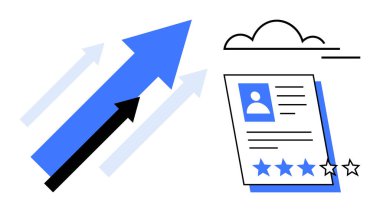 Bulutların altında yıldız reytingli yukarı ve profil belgesini gösteren üç ok. Kişisel gelişim, kariyer ilerlemesi, geri bildirim, profesyonel büyüme, performans değerlendirmesi, derecelendirme, basit