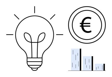 Yenilik için ampul, finansal odak için euro sikke ve analitik ve büyüme için bar tablosu. Fikirler, yenilik, finans, iş, büyüme eğitimi ve ekonomi için idealdir. Basit bir daire.