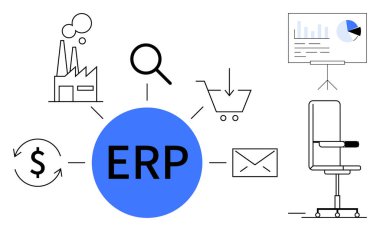 Fabrika, büyüteç, alışveriş arabası, para, zarf, sandalye ve grafik simgeleri ile çevrili ERP. İş yönetimi için ideal, bütünleşme otomasyon verimliliği kaynak planlama süreci