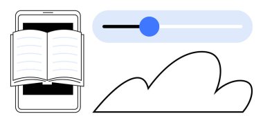 Akıllı telefon ekranında gösterilen kitabı aç, özelleştirme için kaydırma ve bulut depolama simgesi. Okuma uygulamaları, e-öğrenme, kişiselleştirme, teknoloji, veri depolama, eğitim için ideal basit dijital
