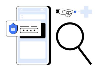 Şifreli akıllı telefon, arama büyüteci, robotik el dokunuşu veri noktası. Siber güvenlik, dijital mahremiyet, teknoloji, veri koruması, araştırma, yenilik için ideal basit düz metafor