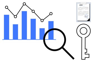 Moda çizelgesi, büyüteç, imzalı sözleşme ve anahtar. Veri analizi, strateji, araştırma, iş planlama karar güvenliği ve başarı kavramları için idealdir. Basit düz