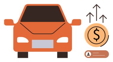 Finansal büyümeyi, maliyet artışını ya da piyasa değerini temsil eden okları olan turuncu bir araba. Dolar işaretli daire, soyut kullanıcı profilli etiket. Finans, otomotiv satışları, pazar eğilimleri için ideal