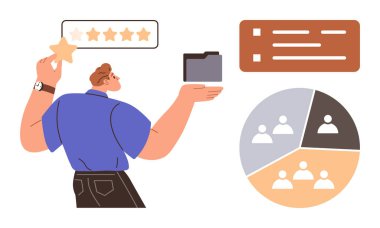 Elinde bir yıldız ve dijital klasör olan kişi, kullanıcı simgeleri, derecelendirme sistemi, metin kutuları olan pasta grafiği. Takım çalışması, değerlendirme, organizasyon, strateji yönetimi verimliliği için ideal. Basit.