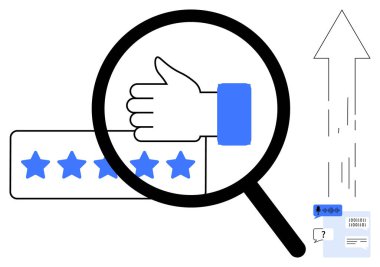 Büyüteç parmakla işaretleme, beş yıldızlı inceleme ve yukarı doğru ok onay, kalite ve büyümeyi simgeliyor. Müşteri memnuniyeti, geri bildirim, inceleme süreci, hizmet kalitesi işi için ideal