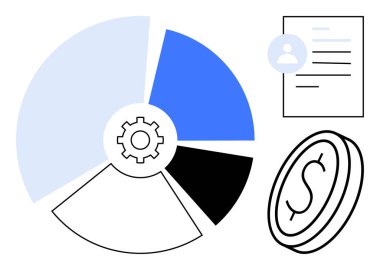 Dişli pasta tablosu, kullanıcı profili belgesi, finansal analizi temsil eden dolar parası, kullanıcı hesapları, kaynak tahsisi, karlılık, bütçe planlaması, kurumsal strateji, basit düz metafor