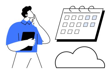 Bir tableti dikkatlice tutan kişi, bir takvim ve bulutun yanında duruyor. Zaman yönetimi, planlama, karar verme, çevrimiçi depolama, organizasyon stratejisi için ideal. Basit düz