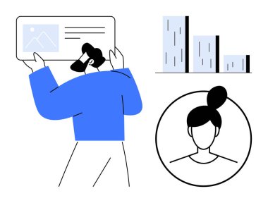 Profil kartı tutan adam, bar grafiği ve kadın avatar ikonu. Kullanıcı profili, istatistik, veri analizi, takım yönetimi, profesyonel kimlik iletişimi görsel veri ilhamı için ideal. Temiz
