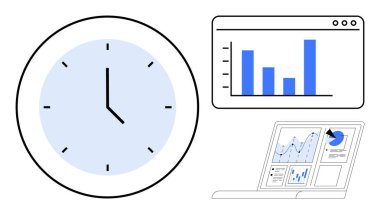 Zaman yönetimini temsil eden saat, tarayıcı penceresindeki bar çizelgesi ve veri analizini gösteren laptop. Üretkenlik, analitik, planlama, strateji, verimlilik araştırmaları için idealdir. Basit düz